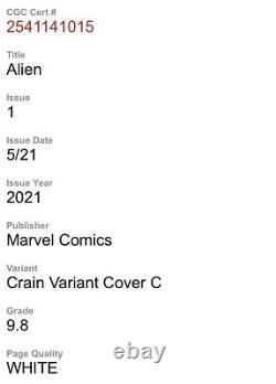 Alien #1 Clayton Crain CGC Infinity Signature Series 9.8 Crain Variant Cover C