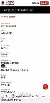 CGC 9,8 SS w0rldtr33 #3 Rabbit Ed Image 2023 Tynion IV Signé Virgin Pages blanches