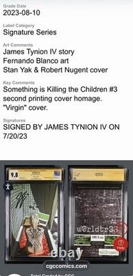 CGC 9,8 SS w0rldtr33 #3 Rabbit Ed Image 2023 Tynion IV Signé Virgin Pages blanches