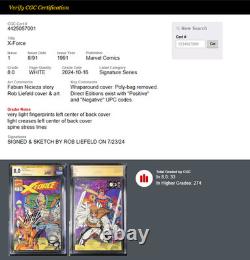 X-Force n° 1 CGC SS 8.0 signé avec croquis de Rob Liefeld, étiquette personnalisée, Cable, numéro clé MCU